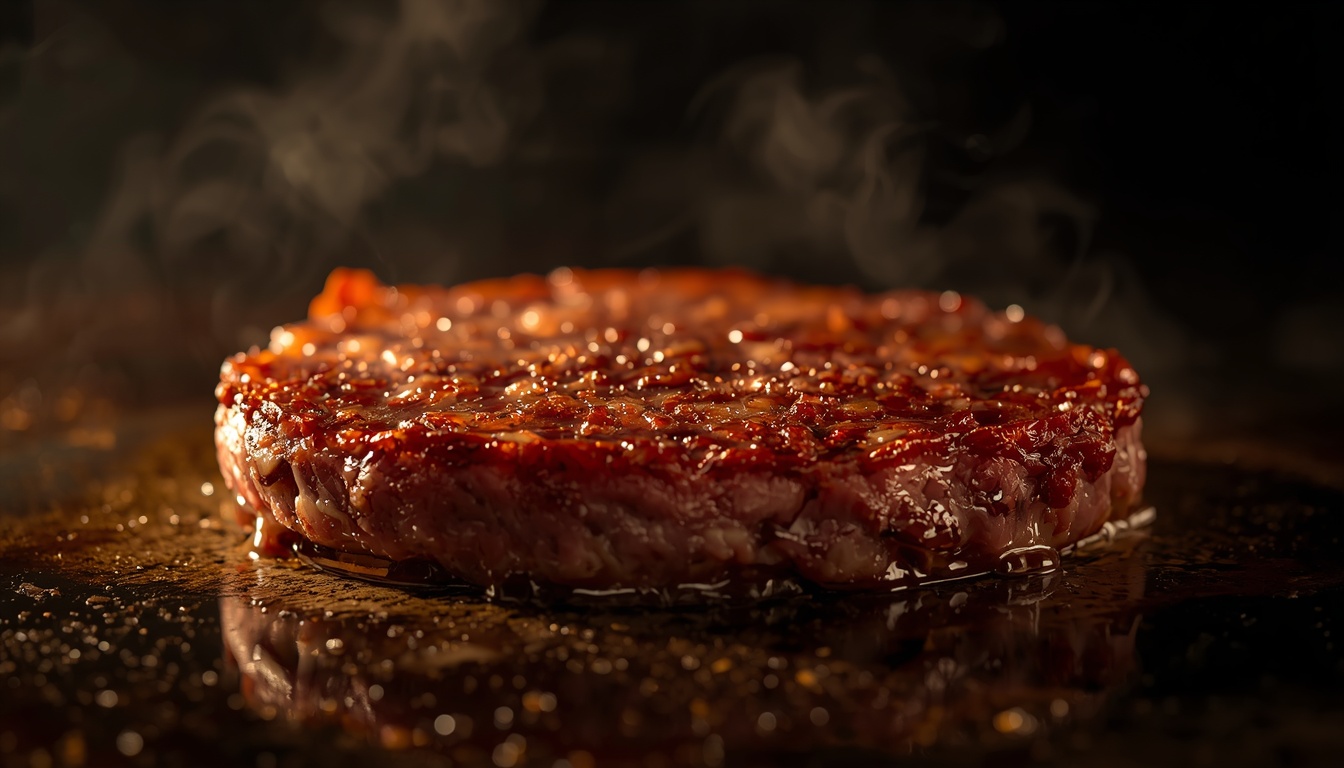 Close up of smashed beef patty with crispy caramelized edges