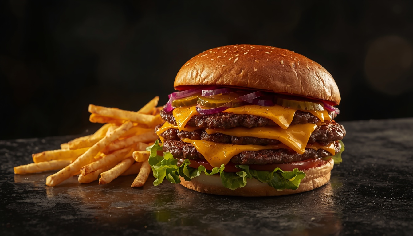 SMASHED double burger stacked next to a portion of fries