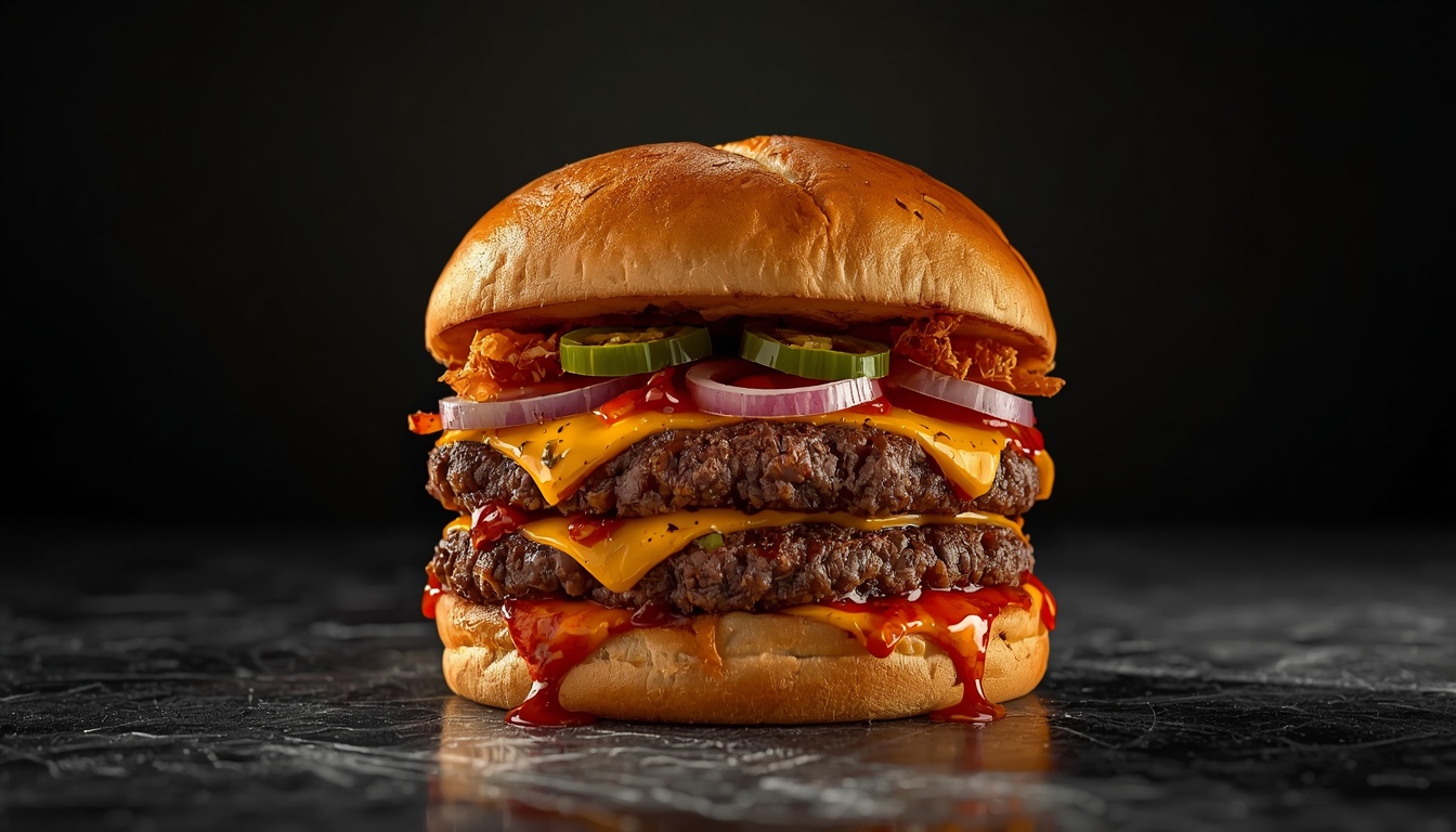 Hellfire burger with jalape\u00f1os, crispy onions and spicy red sauce