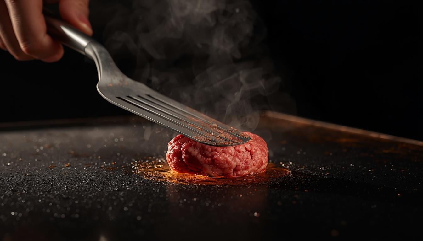 Spatula pressing a beef ball onto a hot flat-top grill