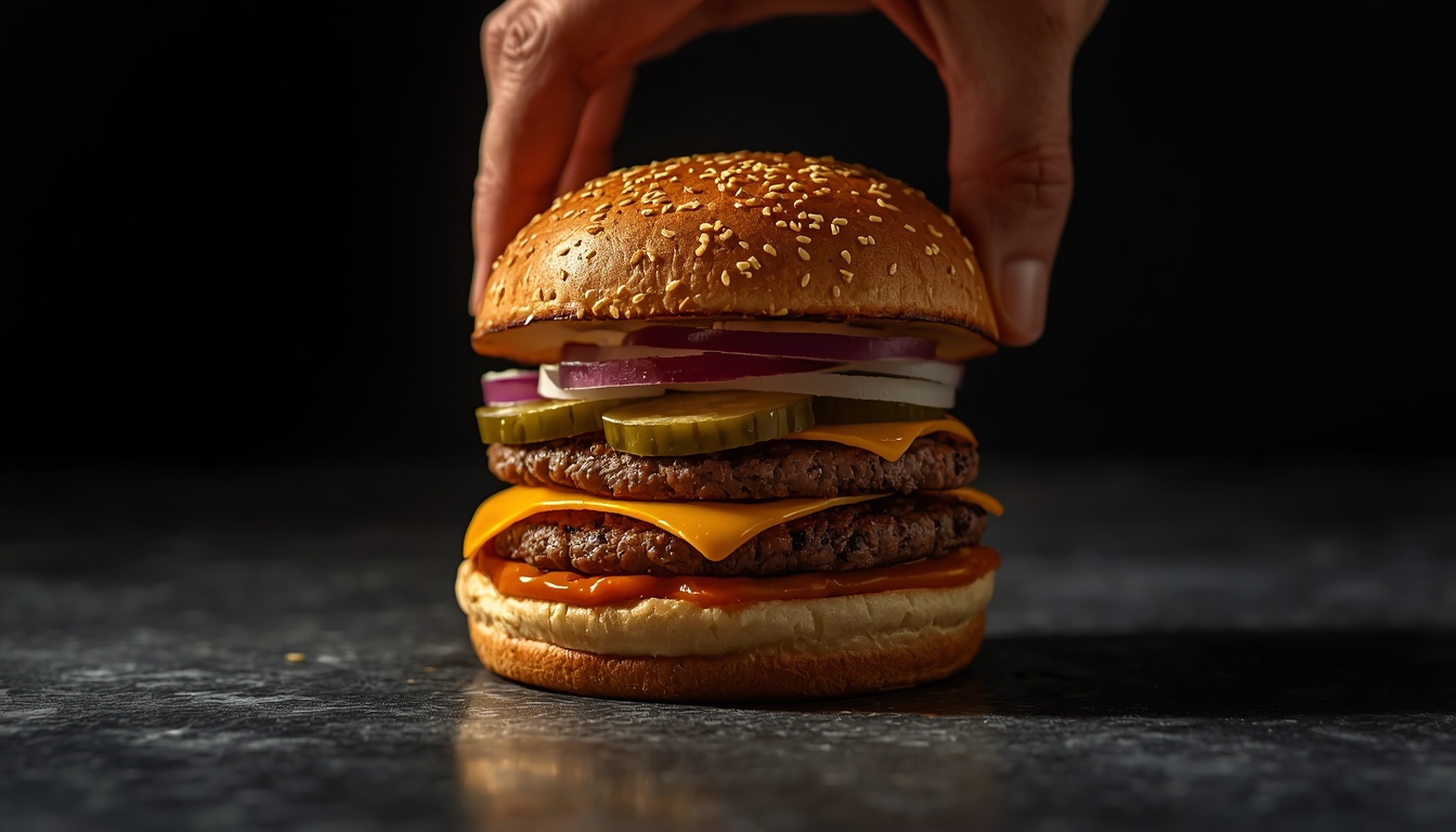 Stacked double smash burger being finished